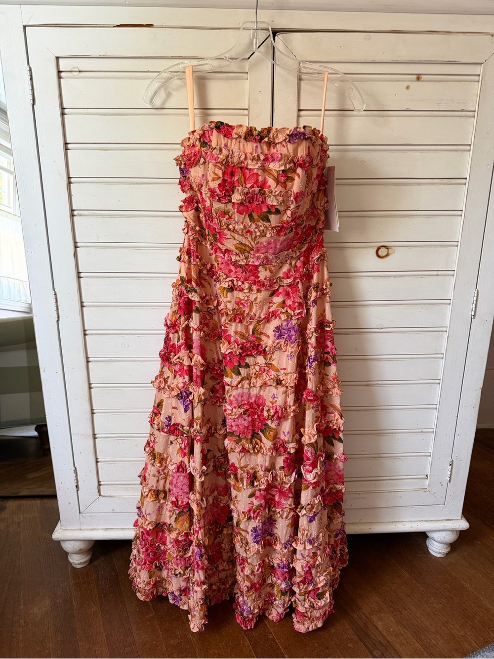 Floral Ruffled Strapless Maxi Dress in Peach and Pink